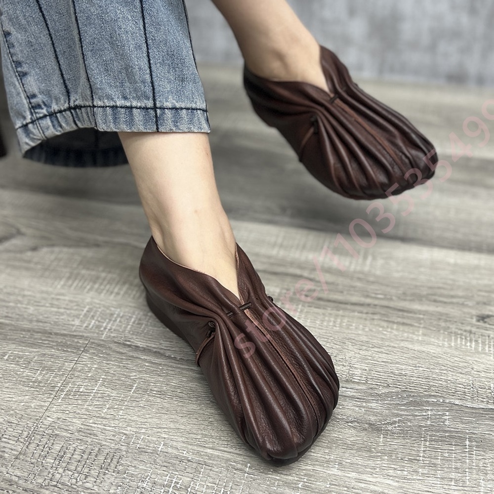 Mule Slip On - Women Retro Pleated Soft Shoes Round